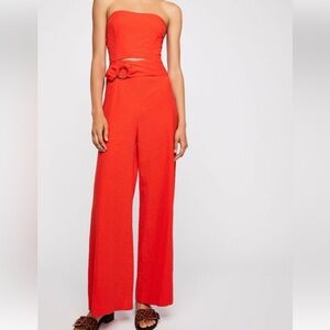 Free people red easy street cotton wide leg strapless jumpsuit